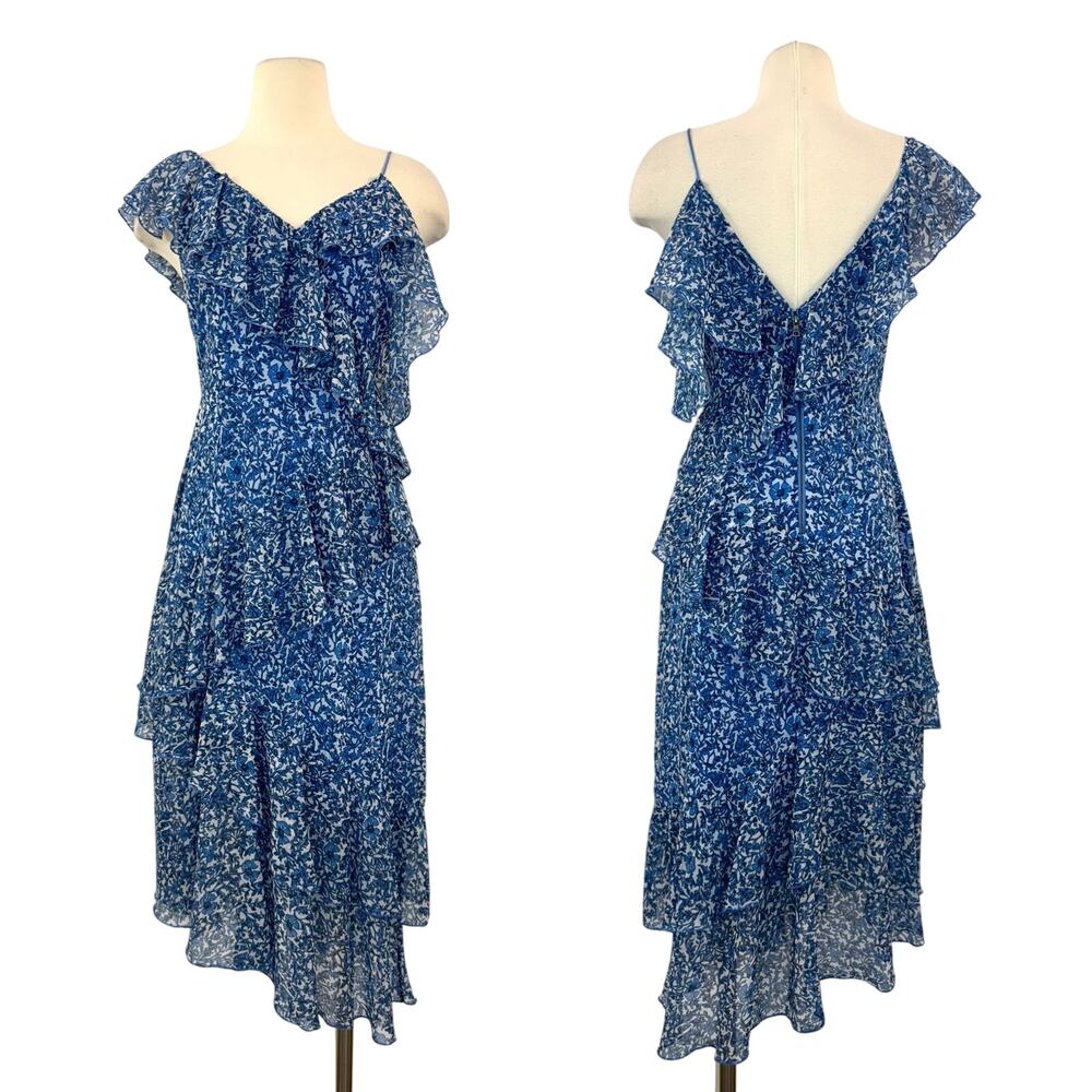 Alice + Olivia Olympia Asymmetrical Ruffle Silk Midi Dress Blue Floral 4 NWT
